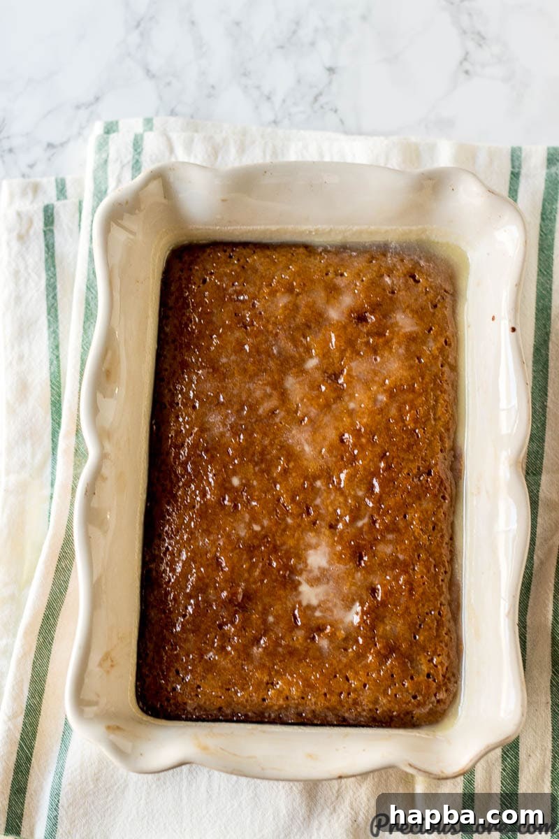 A close-up of sticky malva pudding, showcasing its moist texture and rich, amber glaze that promises a sweet and comforting experience.