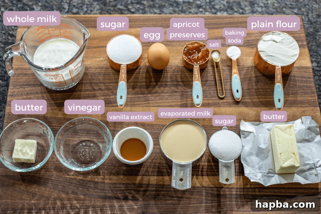 A carefully arranged selection of ingredients for the South African Malva Pudding Recipe, clearly labeled to guide the baking process.