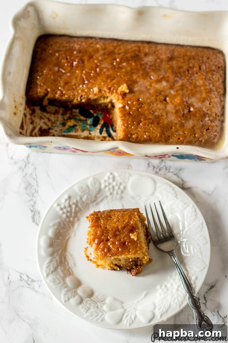 A close-up of Malva Pudding, a traditional South African dessert, showcasing its soft, moist texture soaked in a rich, glossy sauce.