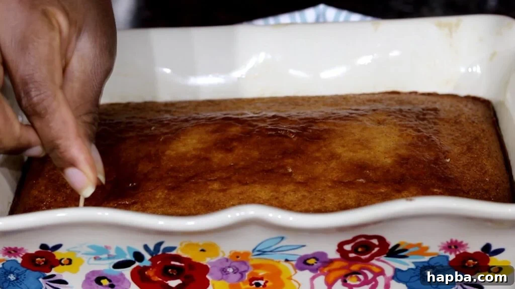 A freshly baked Malva Pudding in a baking dish, golden brown and perfectly risen, awaiting its rich butter sauce.