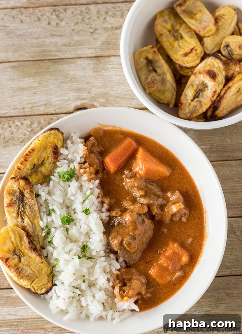 African Peanut Butter Stew served with rice and plantains.