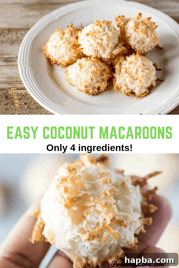 Effortless Coconut Macaroons 6 Visually appealing collage of three coconut macaroons with the text "Easy Coconut Macaroons Only 4 ingredients!" clearly displayed on the image.