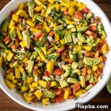 Mango Avocado Salsa in a white bowl