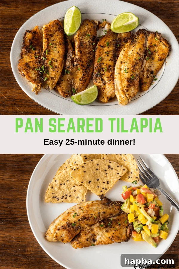 Golden Seared Tilapia 10 A two-panel collage displaying the process and result of pan-seared tilapia: raw seasoned fillets and cooked fillets with lime.