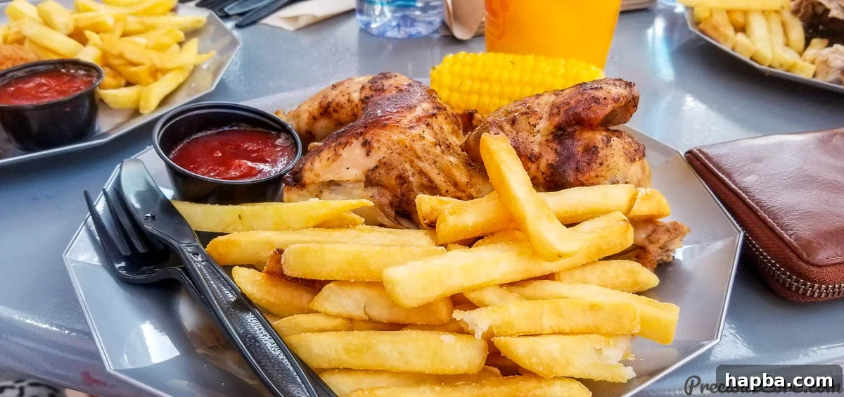 Close-up of a delectable plate featuring grilled chicken and crispy fries, enjoyed during a Universal Studios Hollywood visit.