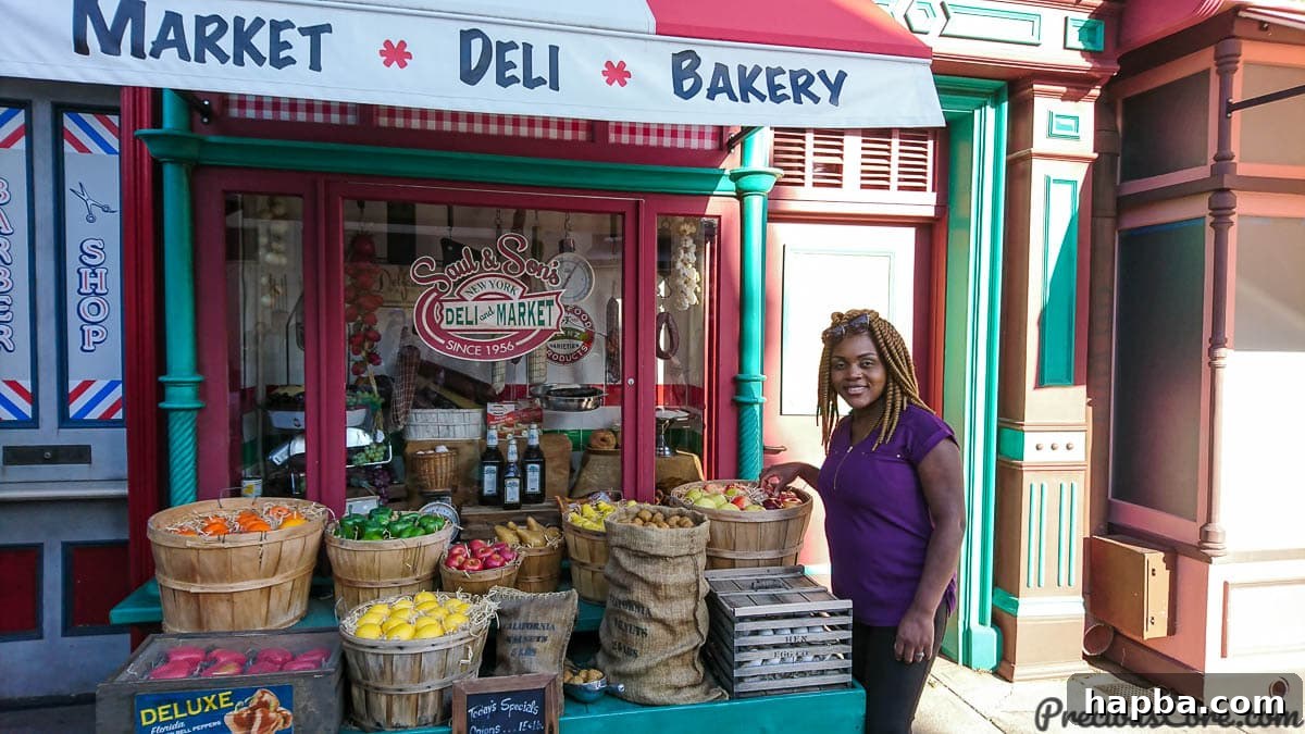 A charming old-fashioned deli shop facade at Universal Studios Hollywood, evoking a sense of nostalgia and cinematic history.