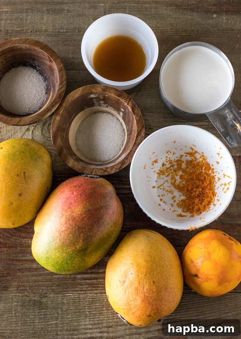 Golden Mango Bliss 4 Essential ingredients for Mango Cream: ripe mangoes, orange zest, honey or sugar, and heavy whipping cream