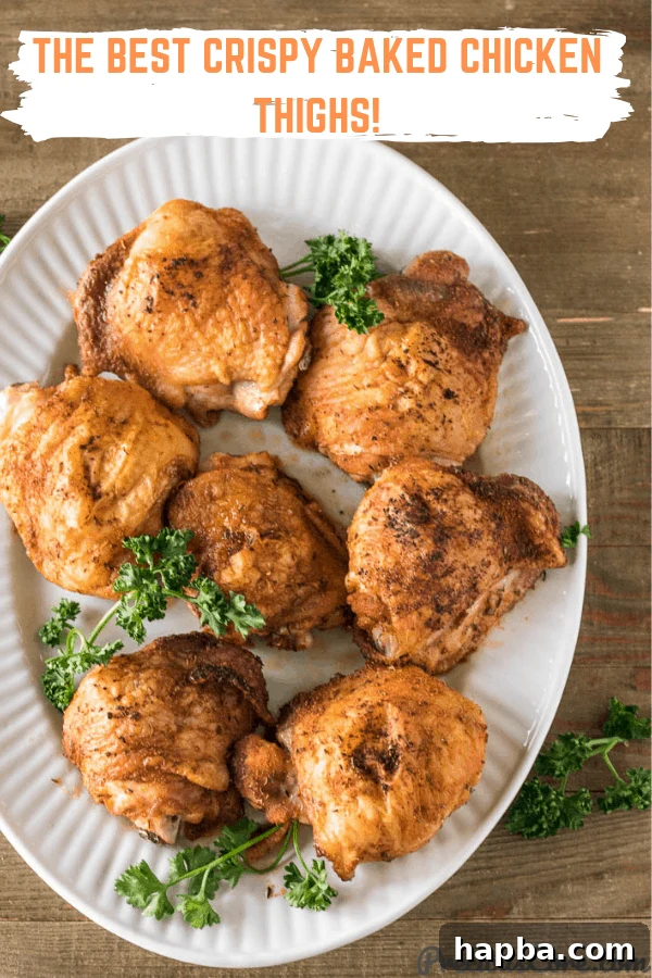 Close-up of crispy baked chicken thighs, showcasing the golden-brown, crunchy skin and juicy interior.