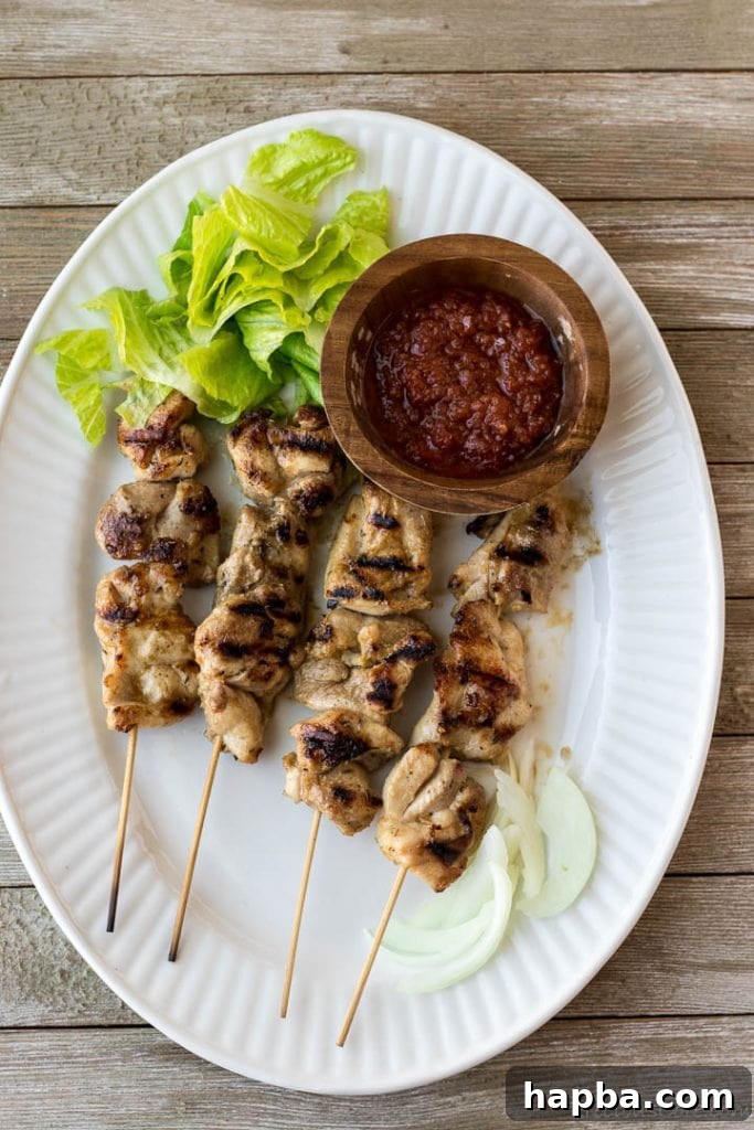 Grilled Chicken Skewers 2 Flavorful Chicken Skewers arranged on a serving platter, garnished with fresh herbs