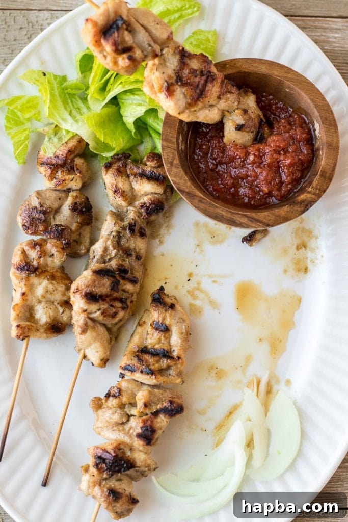 Grilled Chicken Skewers 3 Grilled chicken skewers beautifully plated with a side of hot sauce and fresh vegetables