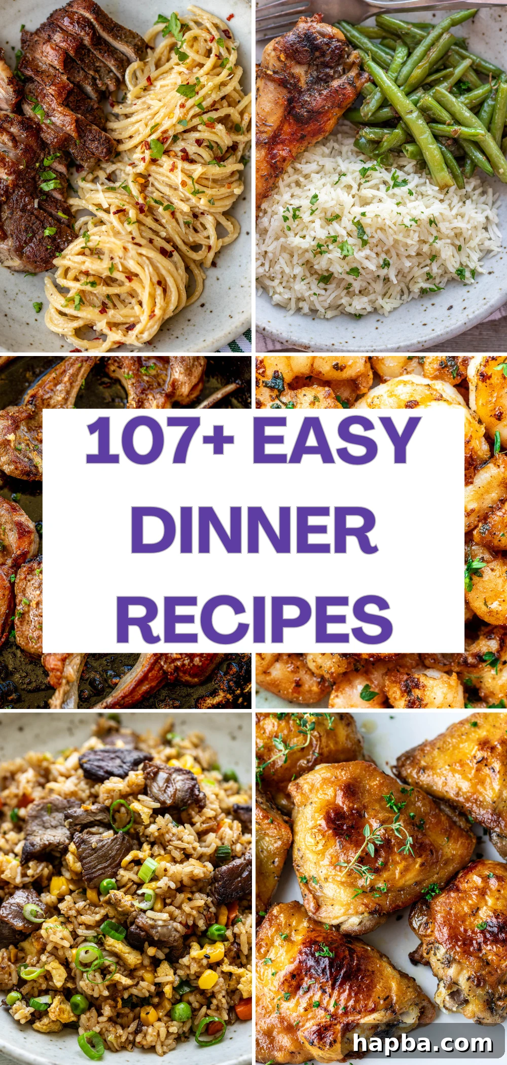 Pictures of various easy dinner recipes for the family, including pasta, chicken, and stir-fry.