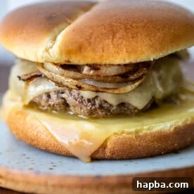 A grilled onion cheddar burger on a plate.