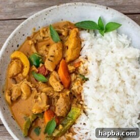 coconut curry chicken and rice in a bowl