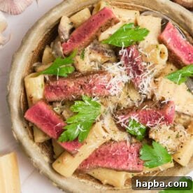 Creamy pasta in a bowl topped with juicy steak.