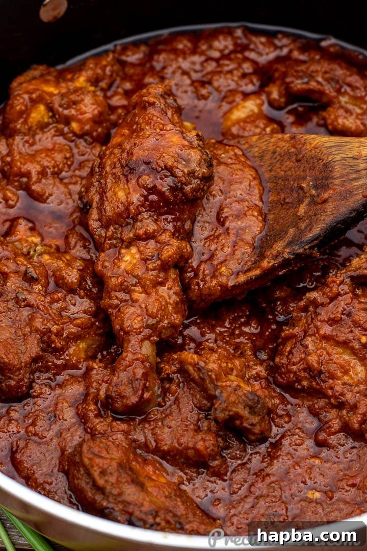 Close-up of the rich red tomato chicken stew simmering in a pot.